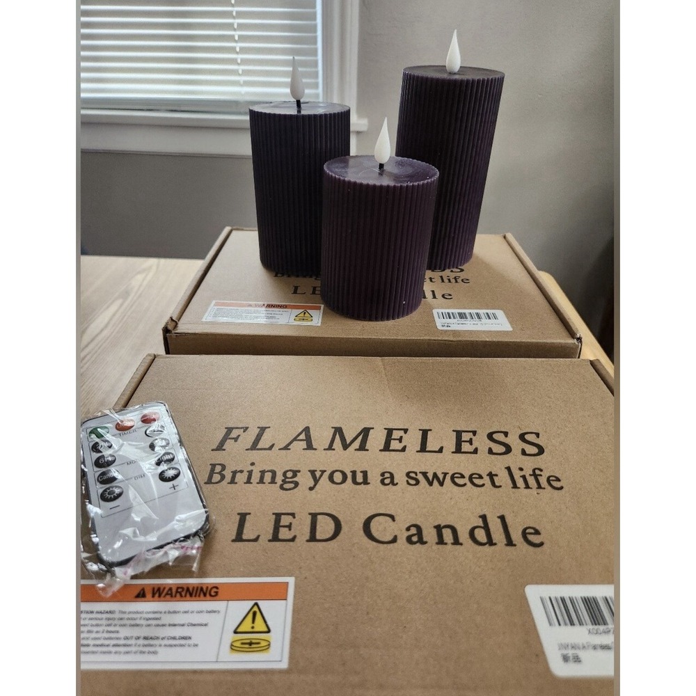 2 Sets Of 3 Flameless Pillar Wax Candle Purple With Remote